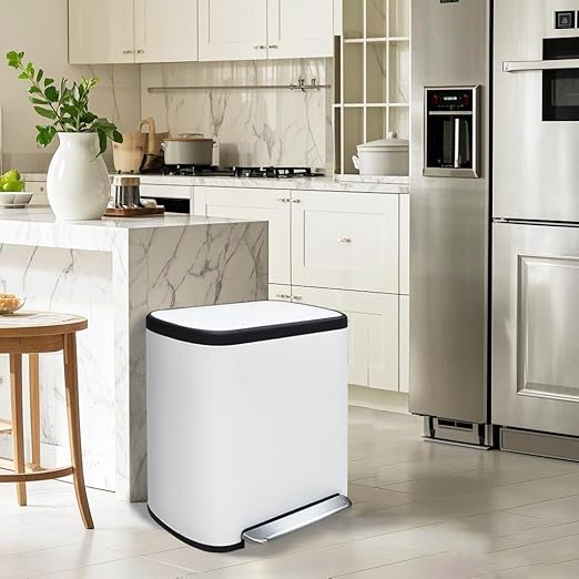 JM ·YIPENG Dual Trash Can Stainless Steel Recycle Bins for Kitchen, 60 L/16 Gallon Dual Compartment Recycling Trash Can with Soft-Close Lid and Removable Liner Buckets for Kitchen, Living Room, White