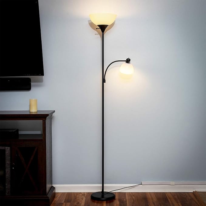 Brightech Sky Dome Plus LED Floor lamp, Torchiere Super Bright Floor Lamp with Reading Lamp for Living Rooms & Offices - Dimmable Tall Standing Lamp for Bedroom Reading - Black