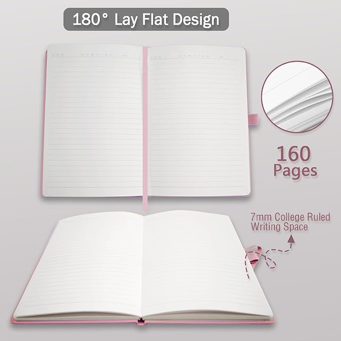 Heture Hardcover Notebooks, A5 Lined Journals Notebook for Writing 160 Pages, 8.2 x 5.5 inch, Classic Ruled Notebooks for College/Work/Travel (Pink, 1 Pack)