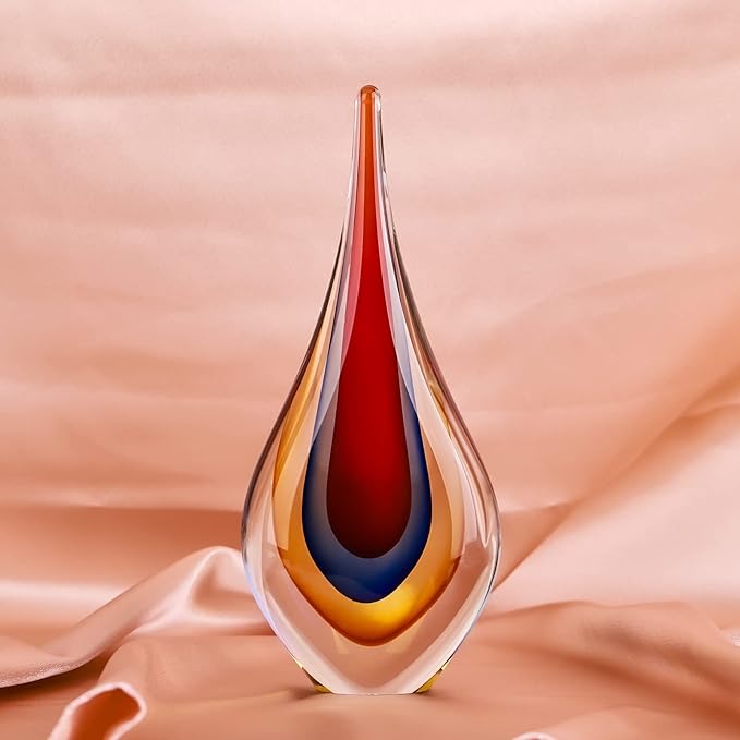 9" Tall Sculpture Hand Blown Glass Decor, Paperweight for Office Desk, Modern Glass Art Figurines Mediterranean Beach House Decor, Living Room Coffee Shelves Table Top Decoration (Red)