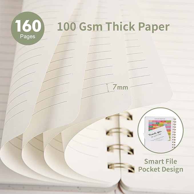 Spiral Notebook-5.75" x 8.125" College Ruled Journal with Inner Pockets and 160 Pages,PU Leather Cover Business Journal, Twin-Wire Binding Notebook Perfect for Office & Home School Supplies Army Green