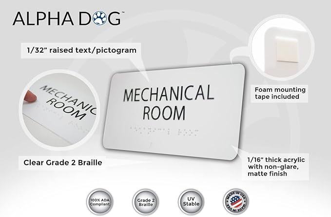 ALPHA DOG ADA SIGNS - Mechanical Room Sign with Braille for Your Business, 4x8 Inch, ADA Compliant, Indoor or Outdoor, Easy Installation, Made in the USA, White
