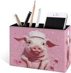 Famame Pig Pink with Hat Pencil Holder for Desk, Leather Desktop Container Pen Cup Storage Study Table Pen Organizer Makeup Brush Holder for Classroom Office Home