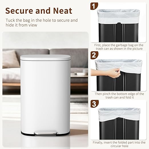 PayLessHere Stainless Steel Trash Can with Lid - Removable Inner Bucket, Foot Pedal Soft Close for Office, Home, Kitchen (White, 13 G)