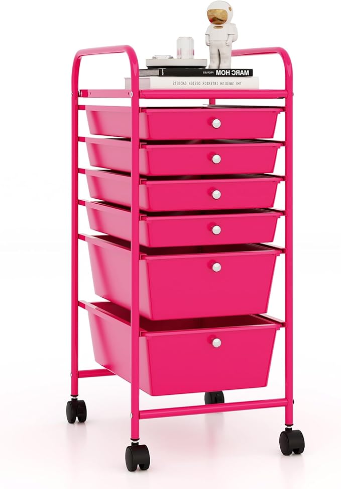 RELAX4LIFE 6-Drawer Rolling Storage Cart - Classroom Organization on Wheels w/Removable Plastic Drawers, Mobile Art Craft Cart for School Paper Home Office, Utility Cart with Drawers (Pink)