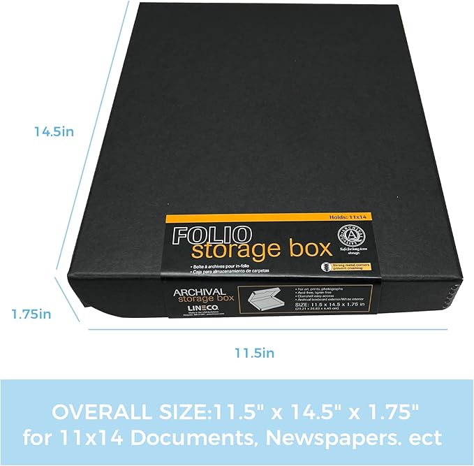 Lineco 11x14 Black Clamshell Archival Folio Storage Box. Acid-Free with Metal Edge, Preserve Photos or Documents, Crafts, DIY. (Pack of 2)