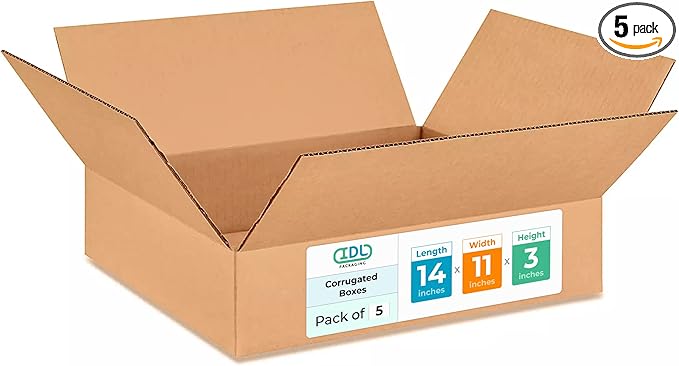 IDL Medium Moving & Shipping Boxes - 5-Pack, 14 x 11 x 3 Inches - Extra Strength 200 lb Corrugated Heavy Duty Boxes