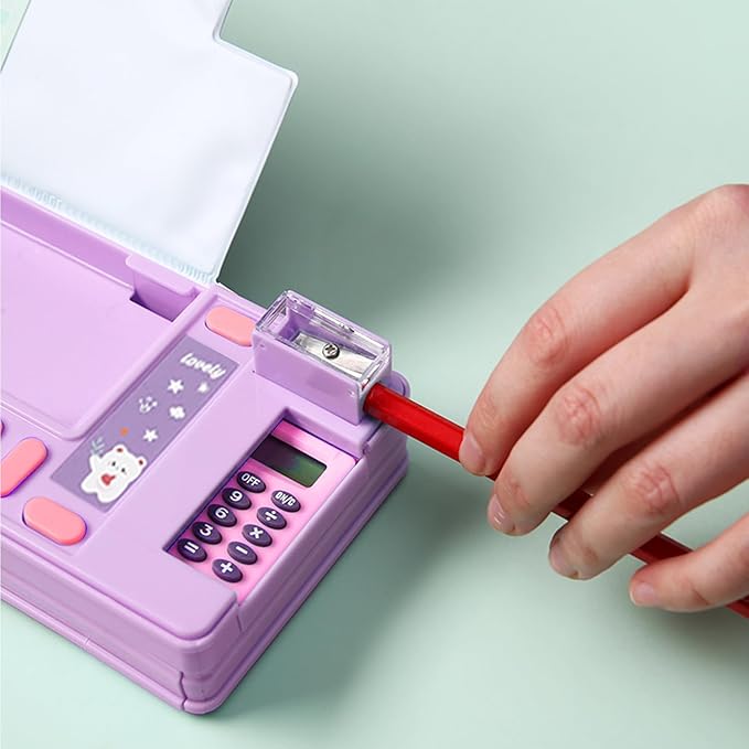 Pop Up Multifunction Pencil Case, Cute Cartoon Pen Box Organizer Stationery with Calculators, Sharpener, Schedule, School Supplies, Best Birthday Gifts for Kids Teens (Purple)