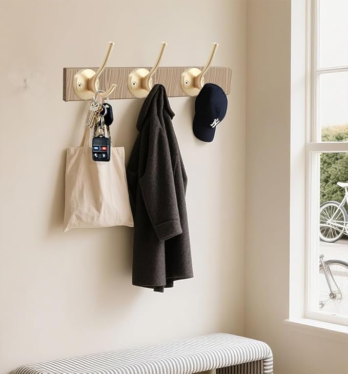 TOFIIGREM Gold Coat Hooks for Wall, 3 Pack Towel Hook Heavy Duty Metal Double Bath Robe Hook Wall Mount, Hat Hooks for Cubicle Bathroom Kitchen Closet Garage