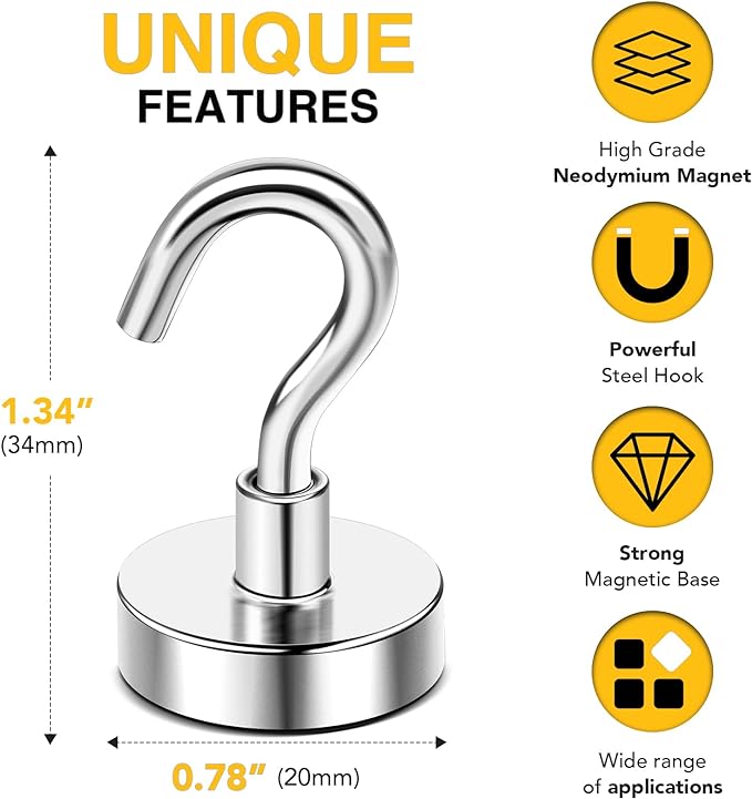 DIYMAG Magnetic Hooks, 50 LB Heavy Duty Magnet with Hook, 10 Packs Strong Rare Earth Neodymium Magnets for Hanging, Magnetics Hanger for Curtain, Home, Kitchen, Workplace