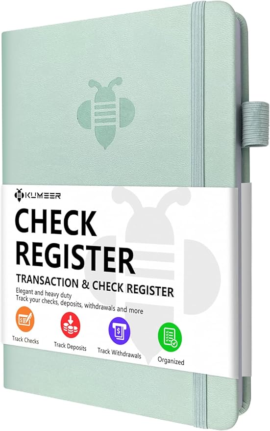 KUMEER Check Register – Elegant Check Registers for Personal Checkbook with Check & Transaction Registers, Hardcover Checkbook Log 5.2x7.6" (Mint Green)