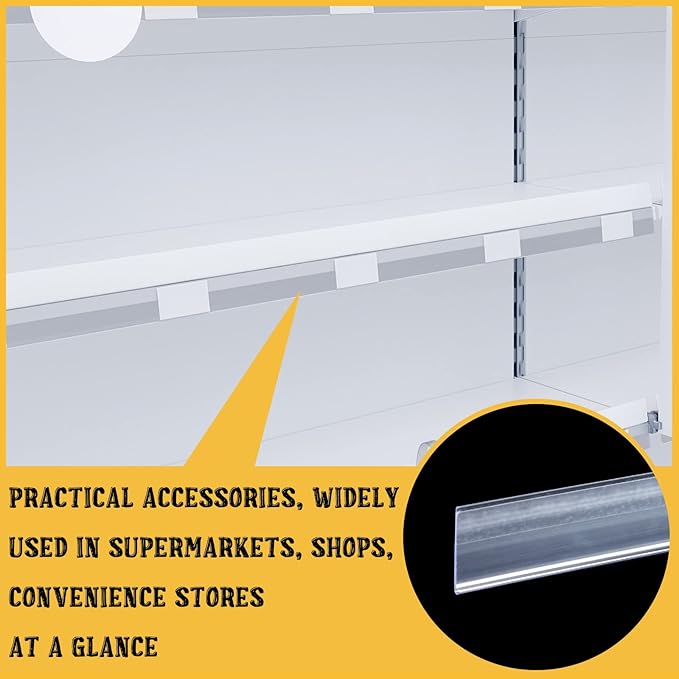 Fainne 100 Pcs Shelf Label Strips 1.25''H x 48 L Self Adhesive Shelf Label Holder Gondola Price Tag Stick on Plastic Clear Ticket Channel for Metal Wood Plastic Rack