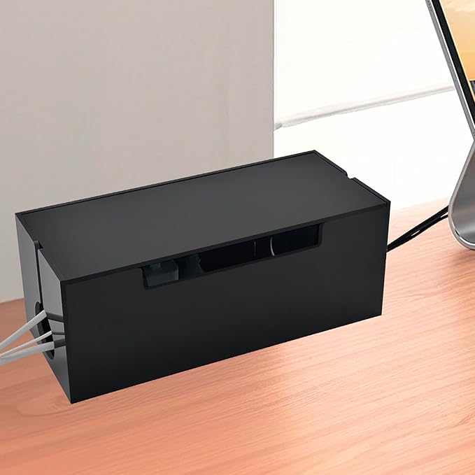 Cable Management Box, 2 Open Slots Cords Hider Box, Under Desk Power Strip Organizer and Floor Cables Storage, Black