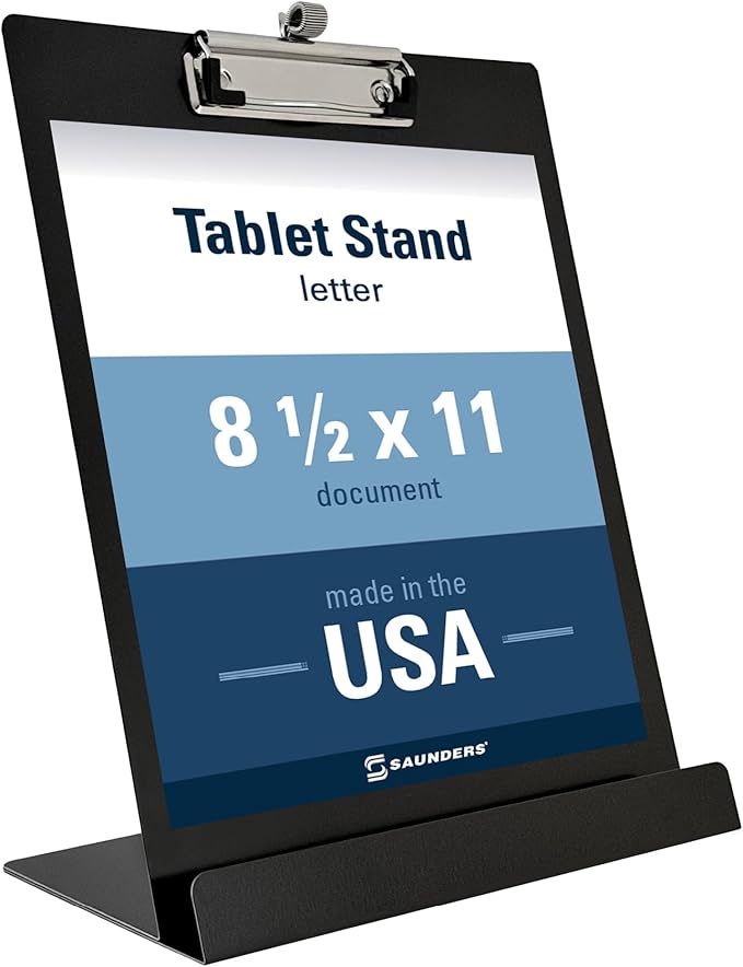 Saunders Free Standing Clipboard and Tablet Stand, Black Letter Size Paper Organizer with Steel Clip for Office, School & Work - Clip Board Paper Stand Holds Documents, Tablets & Phones - Made in USA