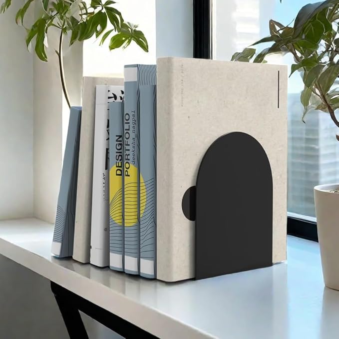 Lulonpon 4 Pieces Book Ends, Bookends, Books Stand, Metal Bookend for Shelves, Black Book Ends for School, Library, Desktop Organizer