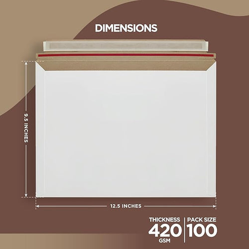 100 Pack 9.5 x 12.5 Inches Rigid Mailers – Self Adhesive White Cardboard Envelopes – Used as Mailing Supplies for Documents, Photos, CDs, Magazines, and Literature