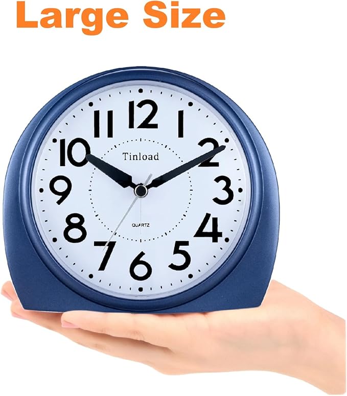 Tinload 5.5" Large Analog Alarm Clock Silent Non Ticking, Gentle Wake, Beep Sounds, Increasing Volume, Battery Operated Snooze and Manual Light, Blue