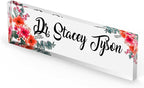 Artblox Personalized Office Desk Name Plate and Business Card Holder | Clear Acrylic Glass with Teak Wood Stand | Mixed Flowers Design Customized with Your Name and Credentials Office Desk Decor