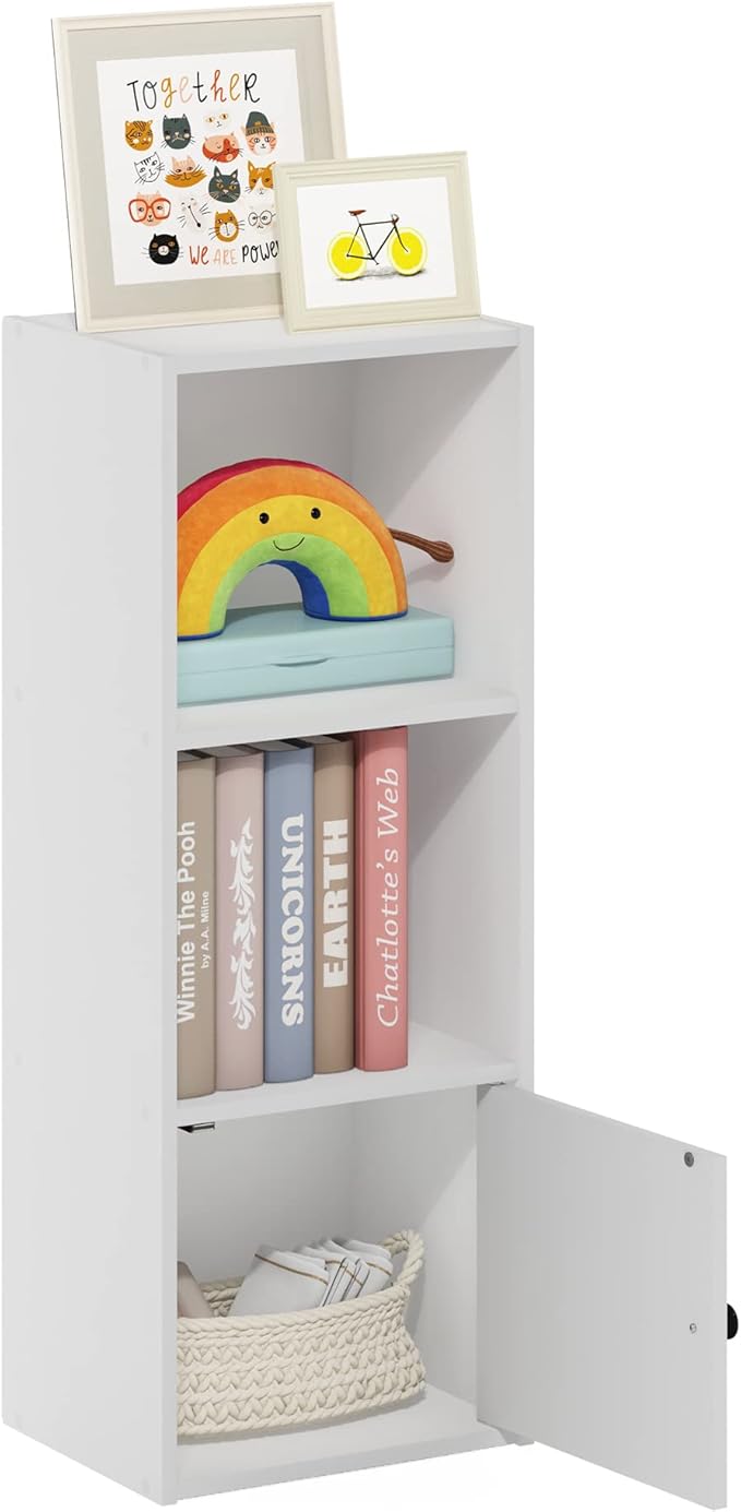 Furinno LUDER Book Shelf, 3-Tier Modern Bookshelf, Bookcase with 1 Door Storage Cabinet, 9.3 x 12 x 31.5, for Living Room, Bedroom, Home Office, White