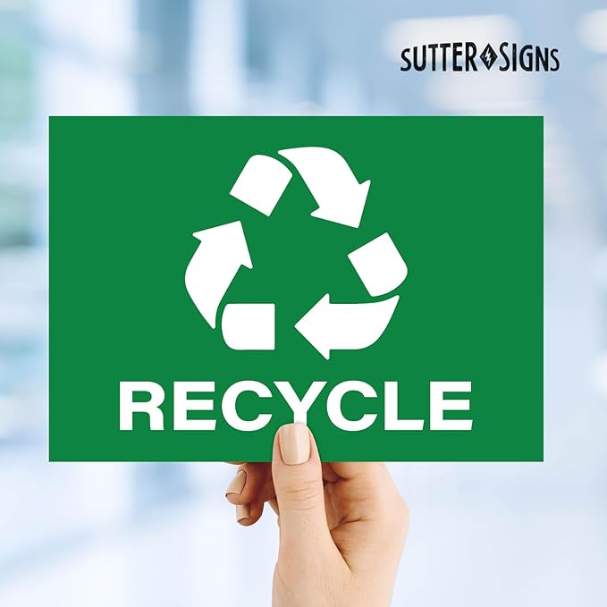 4pc Recycle Stickers + 4pc Trash Stickers | Weatherproof Vinyl Sticker Recycling Signs for Trash Bins, 7" x 10"