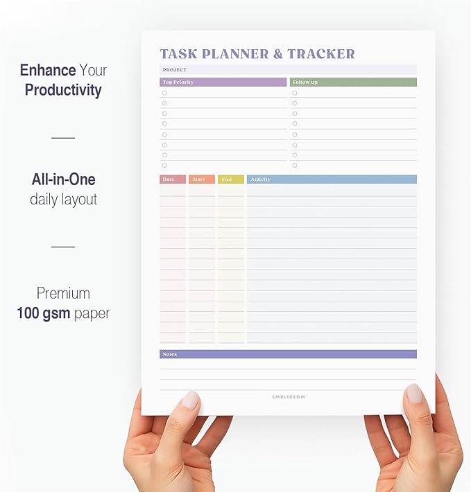 Task Planner & Tracker 8.5 x 11 Tear-Off 70 Sheet Planner Pad – Project Organizer with Time Log, Top Priority, Follow-Up – Notepad for Home & Office (White, Colorful, 1 Pack)