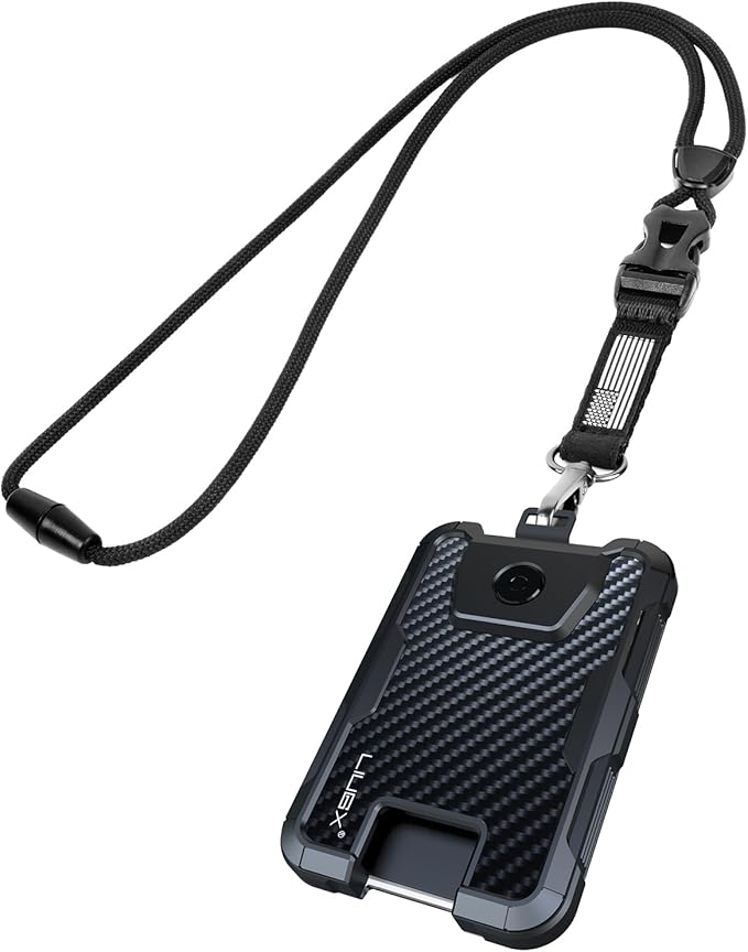 LIUGX Carbon Fiber Badge Holder with Heavy Duty Breakaway Lanyard, Durable ID Card Holder (Holds 6 Cards) with Quick Release Detachable Buckle, Metal Clip, American Flag