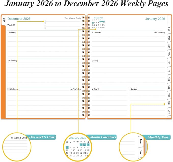2026 Planner - Planner 2026 from January 2026 to December 2026 with 12 Monthly Tabs, Flexible Cover, Inner Pocket, 8.5" x 11", Orange-A