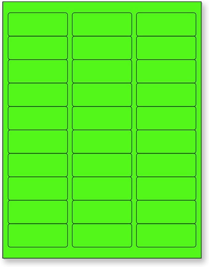 8-1/2 x 11 Neon Color High Light Fluorescent Labels for Laser & Inkjet Printer (Green Fluorescent, 1" x 2-5/8" - 30 Per Page | 3,000 Labels)