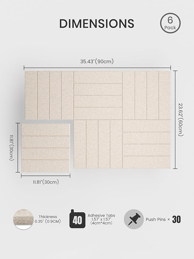 Bumusty Large Cork Board Alternative-36 x24 Felt Bulletin Board Tiles, with 30 Pushpins, 40 Adhesive Tabs, 6-Pack Slat Wall Paneling, Cork Boards for Office Push Pin Board Felt Board-Oatmeal