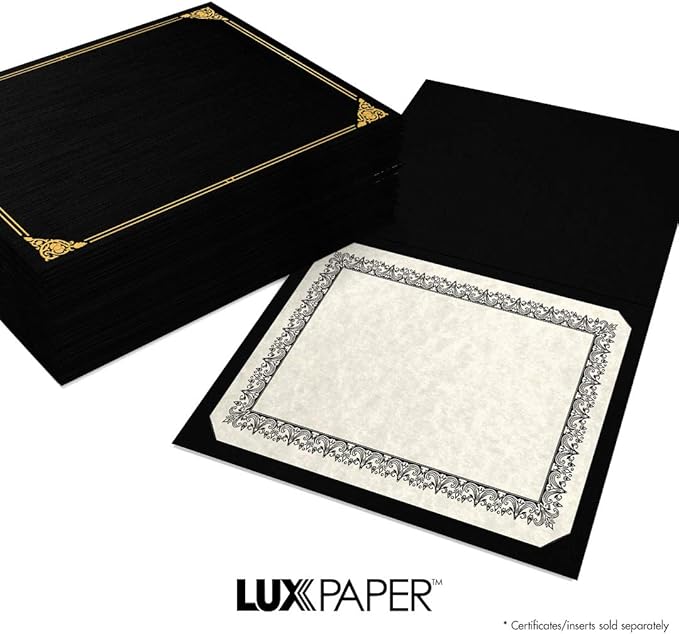 LUXPaper 9.5" x 12" Certificate Holders | Black Linen | Embossed Gold Foil Floral Border | 100lb. Cover | 250 Qty