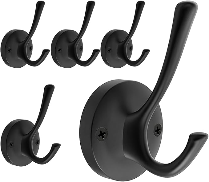 TOFIIGREM Black Towel Hooks for Wall, 5 Pack Coat Robe Hook Heavy Duty Metal Double Bath Hook Wall Mounted, Hat Hooks for Cubicle Bathroom Kitchen Closet Garage