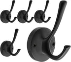 TOFIIGREM Black Towel Hooks for Wall, 5 Pack Coat Robe Hook Heavy Duty Metal Double Bath Hook Wall Mounted, Hat Hooks for Cubicle Bathroom Kitchen Closet Garage