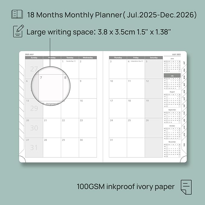 POPRUN Monthly Planner 2025-2026 (Medium- 6.5'' x 8.5'' Soft Cover), 18-Month Calendar Book (Jul.2025-Dec.2026), Calendar Planner with Monthly Tabs & Pocket, 100 GSM Paper - Burgundy