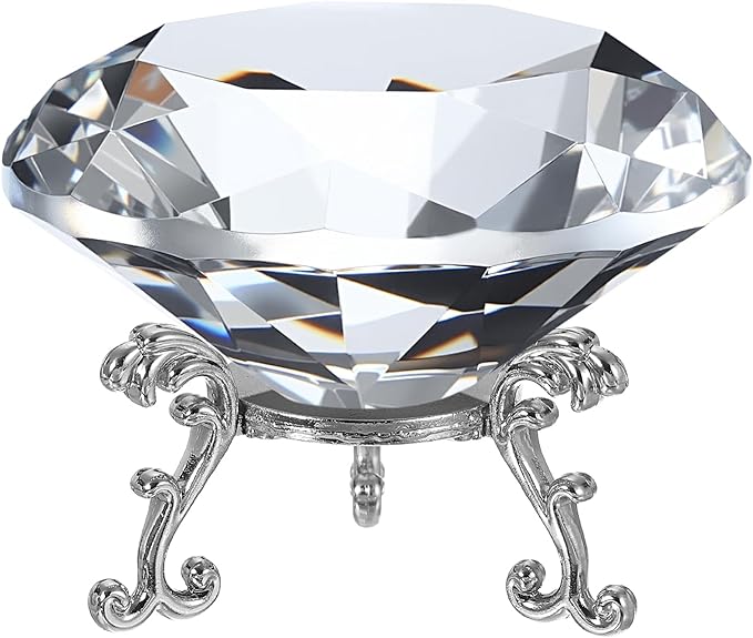 PATIKIL Diamond Crystal Paperweight, 100mm / 3.94" Crystal Paperweight Paper Weight with Silver 25 Metal Base for Home Office Desktop Table Decor Wedding Party Ornaments, Clear