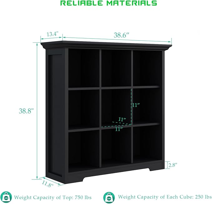 OSCHF Cube Storage Bookcase with Base - Wooden 3 Tiers Floor Standing Open Shelf Cabinet for Home and Office, 9-Cube Lattice Bookshelf, Black