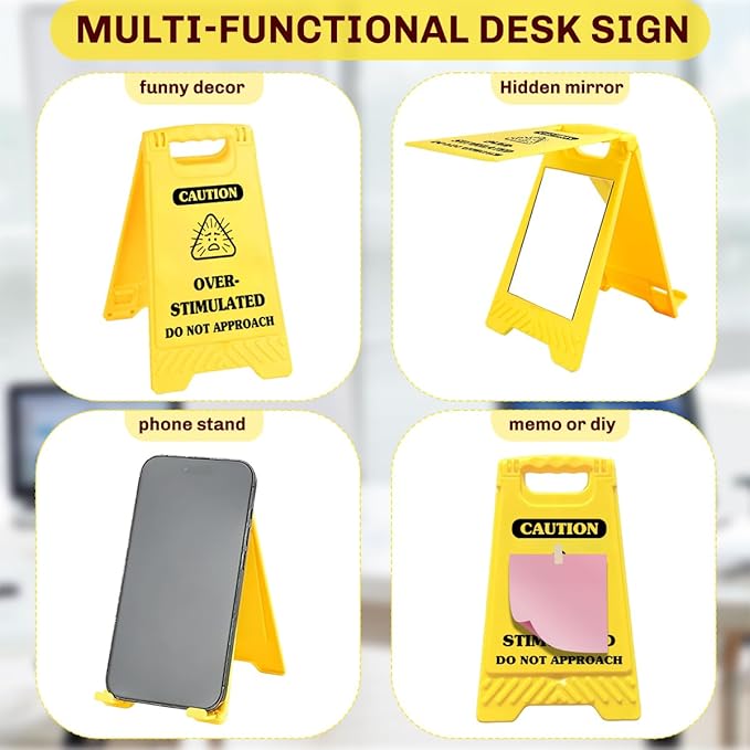 Funny Office Desk Accessories,Office Cubicle Decor Gift for Coworker HR Home Workspace Phone Holder Mirror Acrylic Table Signs,Work Humor Stress Relief Caution Desk Decor (Caution Overstimulated)