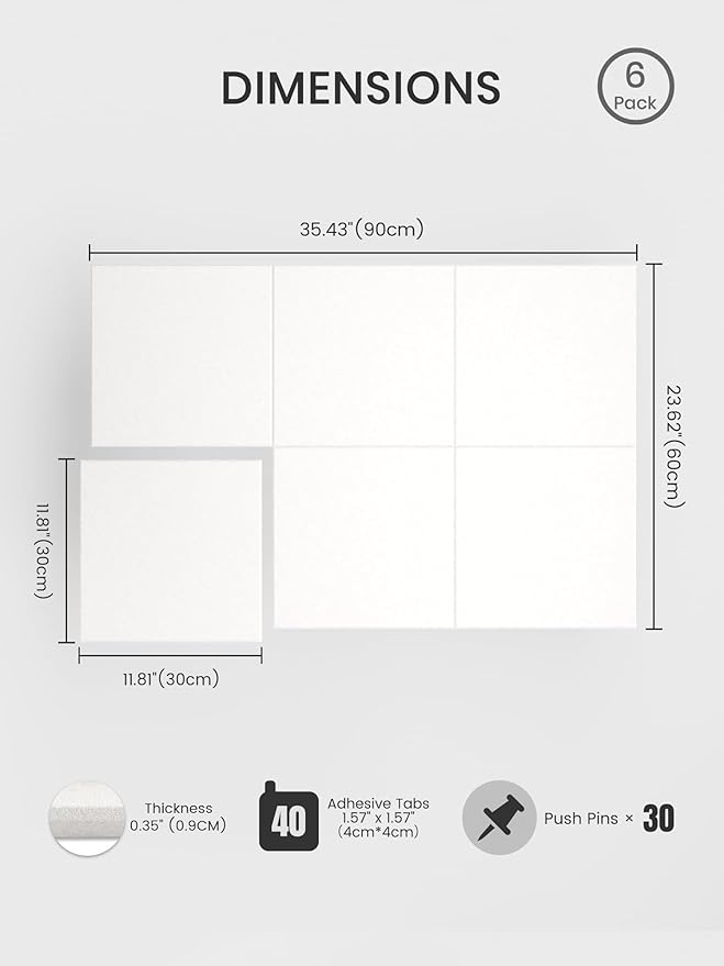 Bumusty Large Cork Board 36"x24" Alternative - 6 Pack Felt Wall Tiles with 40 Safe Removable Adhesive Tabs, 30 Pushpins, Cork Boards for Walls Pin Board Bulletin Board Office Decor (Milky White)