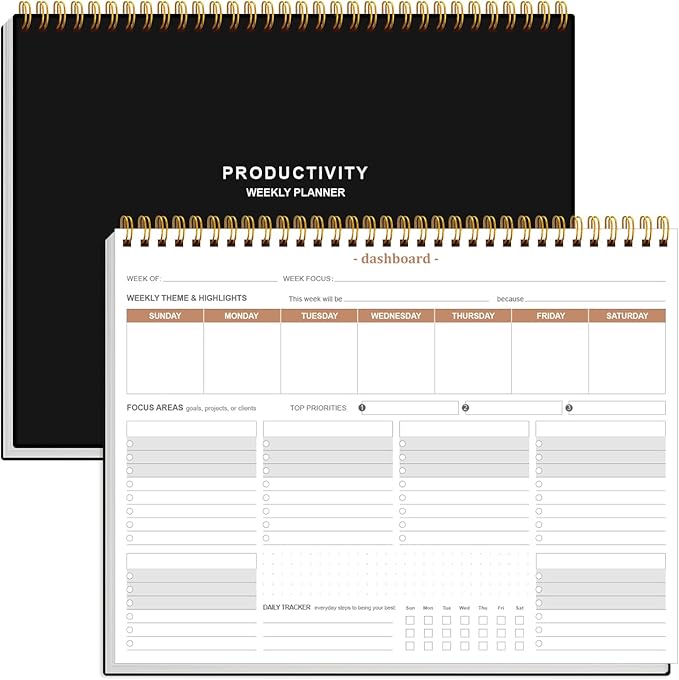Weekly Productivity Planner - 8.5" x 11" Dashboard Desk Notepad Has 6 Focus Areas to List Tasks for Goals, Projects, Clients, Academic or Meal-Organize Your Daily Work Efficiently, 54 Weeks, Black