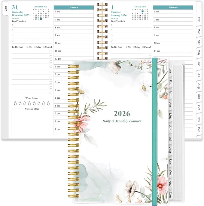 Daily Planner 2026 Full Page Per Day- 2026 Daily & Monthly Planner from January 2026 to December 2026, Day Planner 2026 with 12 Months Tabs, 6.4" x 8,5", Pink Flowers