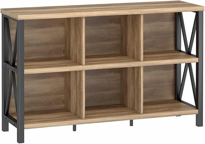 FATORRI 6 Cube Storage Organizer with Shelf, Long Wood and Metal Cubby Bookcase, Industrial Horizontal Bookshelf (Rustic Oak, 47 Inch) | with Shelf, Long, Horizontal Bookshelf
