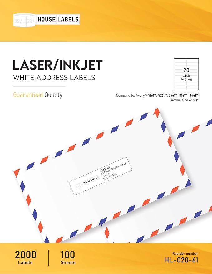 HOUSELABELS 20-up Shipping Labels (4" x 1") for Laser and Inkjet Printers, 500 Sheets
