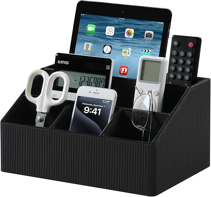 Cretkhp Remote Control Holder with 5 Compartments for Office Art Supplies, PU Leather Nightstand Organizer Pencil Pen Desk Caddy for Home, Desktop TV Remote Control Organizer Storage (Striped Black)