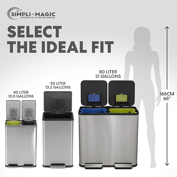 80 Liter / 21 Gallon Rectangular Hands-Free Dual Compartment Recycling Kitchen Step Trash Can with Soft-Close Single Lid, Stainless Steel (40L x 40 L Capacity) Stainless Steel Finish