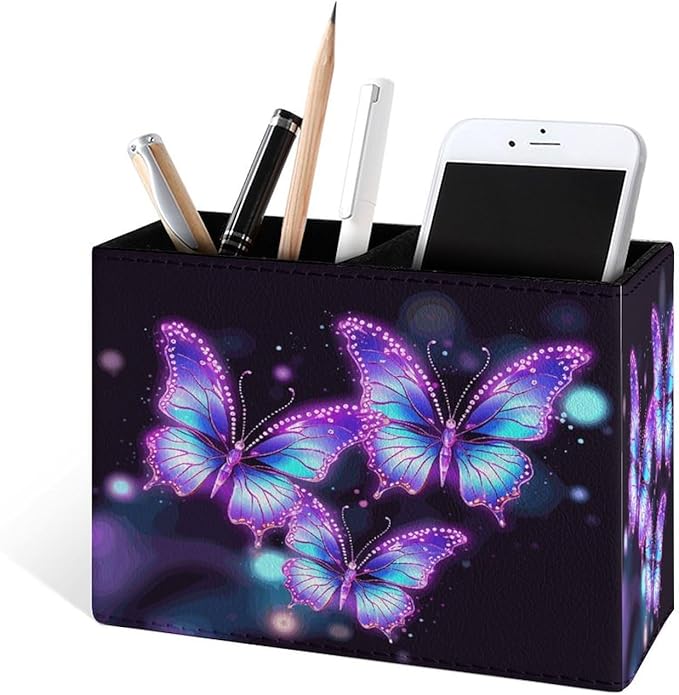 Famame Flying Butterflies Purple Pencil Holder for Desk, Leather Desktop Container Pen Cup Storage Study Table Pen Organizer Makeup Brush Holder for Classroom Office Home