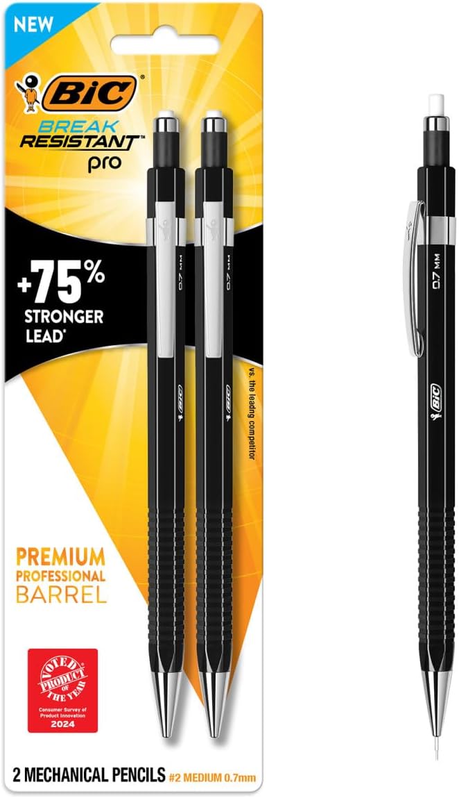BIC Break Resistant Pro with Shock-Absorption and Twist-Up Eraser, Mechanical Pencil, 2-Count