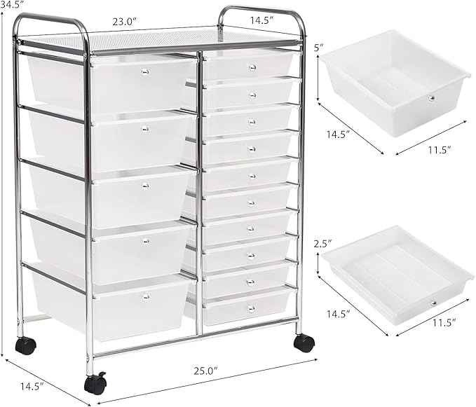 LDAILY 15 Drawer Rolling Storage Cart, Rolling Cart with Drawers for Classroom, Art Supply Craft Organizer on Wheel with Metal Frame & Handles for Home Office School