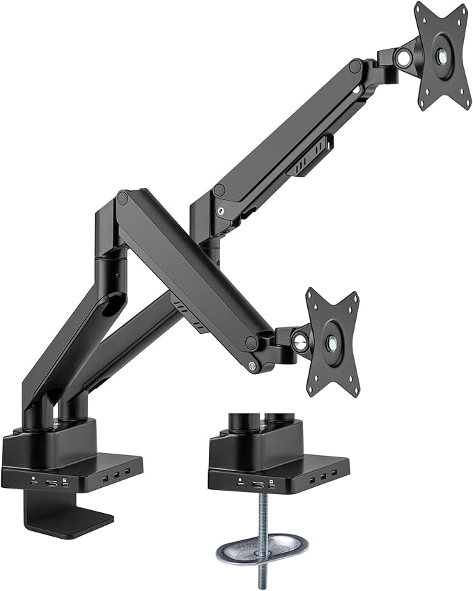 Manhattan Aluminium Desk Mount with Gas Lift for Dual Monitors & 8-in-1 Docking Station, for Monitors from 17" to 32" and up to 9 kg per arm, Black, 461887