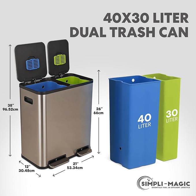 70 Liter / 18.5 Gallon Rectangular Hands-Free Dual Compartment Recycling Kitchen Step Trash Can with Soft-Close Single Lid, Stainless Steel (40L x 30L Capacity) Rose Gold Finish
