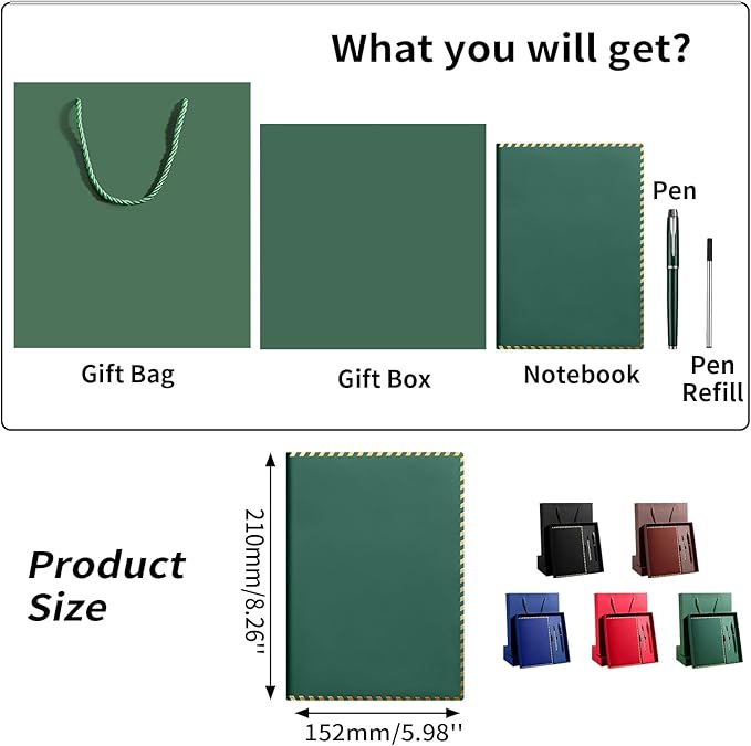Vebermo Personalized Journal Notebook Set with Pen & Gift Box, Custom Name/Logo Notebook Black A5 College Ruled Lined 8.26''x5.9'' Personalized notebook Gifts for Men and Women,200 Pages,Dark Green