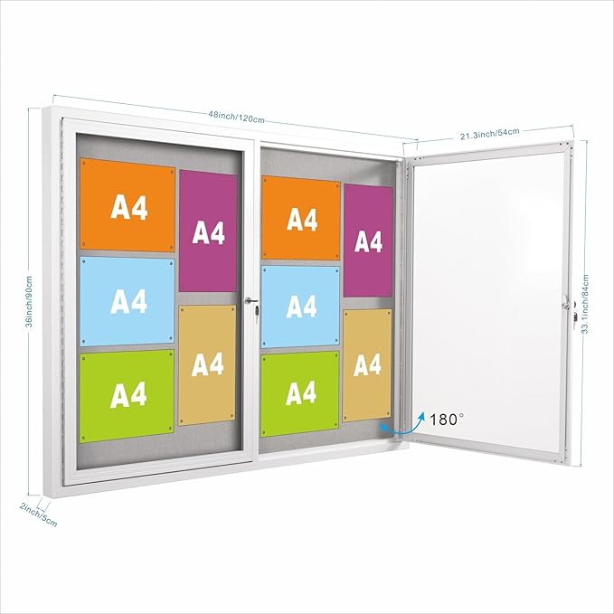 48x36 Inch Lockable Enclosed Bulletin Board, Weather-Resistant Outdoor Noticeboard with 2 Locking Doors, Wall-Mounted Silver Aluminum Frame & Grey Felt Presentation Board